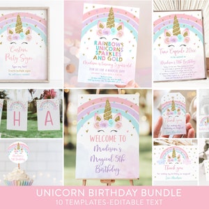Editable Unicorn Birthday Invitation Bundle Rainbows Sparkles and Gold Invite Pastel Floral Unicorn Party Pink Gold Digital Download A582