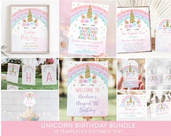 Editable Unicorn Birthday Invitation Bundle Rainbows Sparkles and Gold Invite Pastel Floral Unicorn Party Pink Gold Digital Download A582