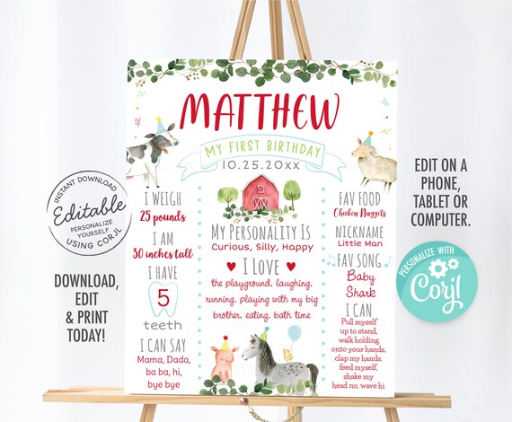 EDITABLE Farm Birthday Milestone Poster Farm 1st Birthday Boy Barnyard Party Farm Animal Printable Digital, Instant Download Corjl A511 Il_570xn