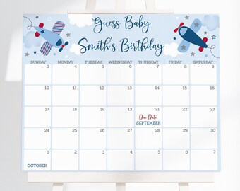 Editable Airplane Baby Shower Due Date Calendar Game, Boy Baby Shower, Clouds, Stars, Guess Baby's Birthday Printable Digital A566