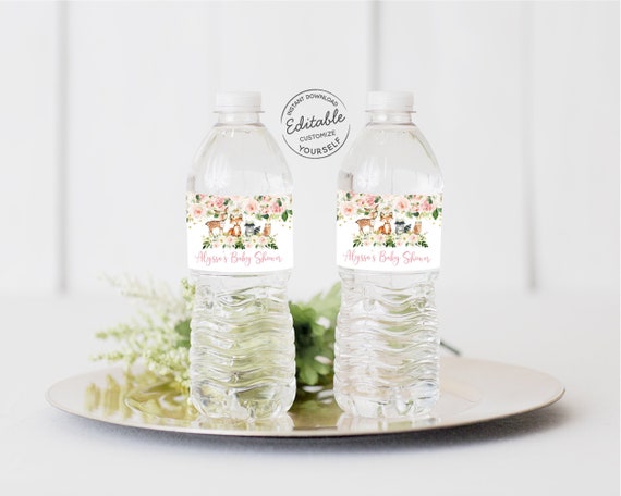 EDITABLE Woodland Girl Water Bottle Labels Woodland Baby Shower Woodland Forest Animals Pink Floral Baby Girl Printable Digital Corjl A516 Il_570xn