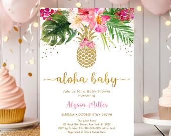Editable Pineapple Baby Shower Invitation Tropical Floral Aloha Baby Gold Pineapple Pink Floral Printable Digital Instant Download A494