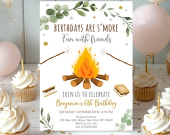 EDITABLE S&#39;mores Birthday Invitation, Camping, Campfire, Bonfire, Smore Fun With Friends, Printable, Digital, Instant Download Template A520
