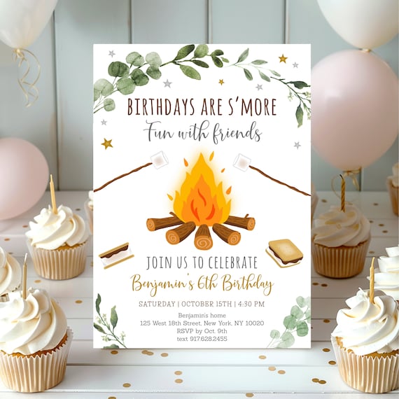 20 Biglietti Invito Compleanno Campeggio Con Buste, Tema Falò S'mores, Formato 10x15 Cm, Cartoncino Ecologico