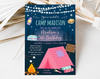 Editable Girl Camping Birthday Invitation Camping Sleepover Party Invite Glamping S'mores Pink Camper Camping Under Stars Digital A630