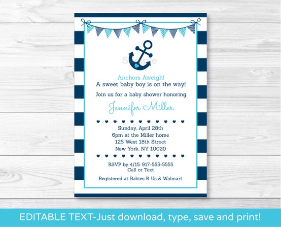 Nautical Anchor Baby Shower Invitation / Nautical Baby Shower Invitation / Editable PDF INSTANT DOWNLOAD A222 Il_570xn