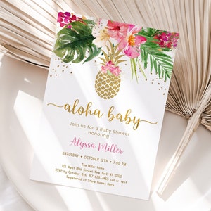 Editable Pineapple Baby Shower Invitation Tropical Floral Aloha Baby Gold Pineapple Pink Floral Printable Digital Instant Download A494 image 2