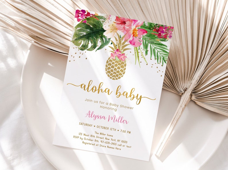 Editable Pineapple Baby Shower Invitation Tropical Floral Aloha Baby Gold Pineapple Pink Floral Printable Digital Instant Download A494 image 2