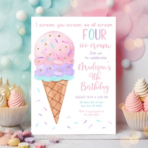 Invito di compleanno modificabile con gelato Io urlo, tu urli, noi tutti urliamo Quattro gelati Invito per il 4° compleanno Festa del gelato rosa A673