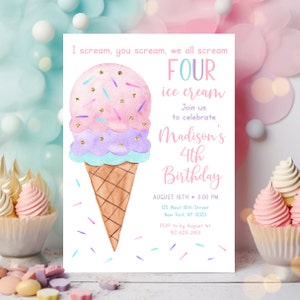 Editable Ice Cream Birthday Invitation I scream You Scream We All Scream Four Ice Cream 4th Birthday Invite Pink Ice Cream Party A673