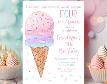 Editable Ice Cream Birthday Invitation I scream You Scream We All Scream Four Ice Cream 4th Birthday Invite Pink Ice Cream Party A673