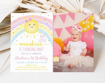 Editable Sunshine & Rainbow Birthday Invitation Girls Rainbow Party Pastel Rainbow Little Sunshine Printable Digital Instant Download A599