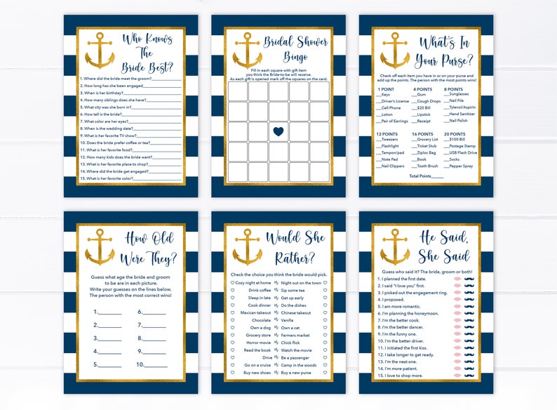 Nautical Bridal Shower Games Package Anchor Bridal Shower Navy & Gold Nautical Set of 6 Games Printable Digital Instant Download B101 image 1