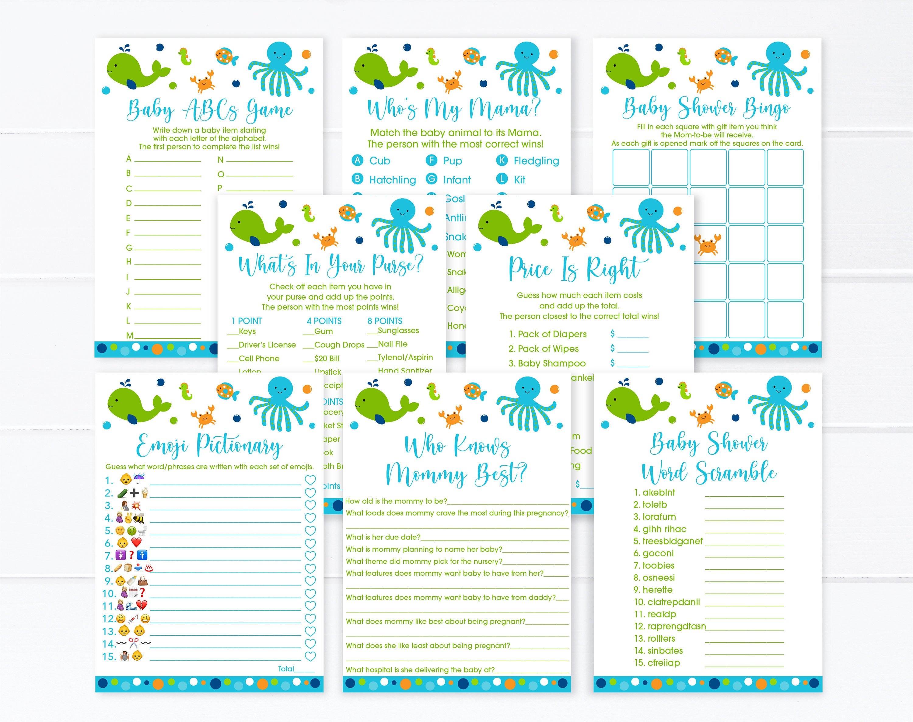Blue Under The Sea Baby Shower Games Package Nautical Whale Etsy