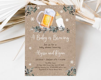 Editable Winter Baby Is Brewing Invitation Beer Baby Shower Invite Winter Greenery Snowflake Gender Neutral Coed Printable Digital A588