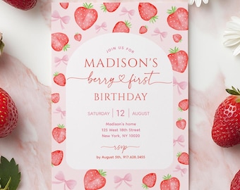 Invito per il primo compleanno a tema frutti di bosco, invito di compleanno con fragole, primo compleanno per bambina con fiocco rosa, modificabile A803