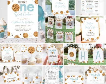 Op de afbeelding: Bewerkbare 1e verjaardagsparty-printbare bundel met een koekjes-thema. Inclusief uitnodigingen, banners, bedankkaartjes, cupcake-toppers, waterfleslabels en meer. Het ontwerp heeft een blauw en wit kleurenschema met illustraties van chocoladekoekjes.