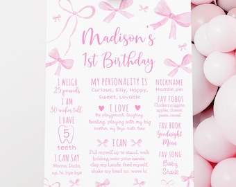 Editable Pink Bow First Birthday Milestone Sign, Coquette Girly Pink Bows, Digital Download A795