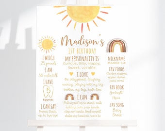 May include: A colorful first birthday milestone poster with a sun and rainbow theme. The poster features the name "Madison's 1st Birthday" and details about the child's weight, height, personality, favorite foods, book, and song.