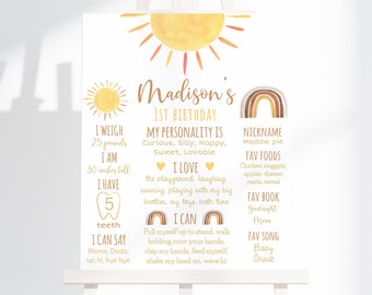 Editable Sunshine Birthday Milestone Sign Boho Sunshine Rainbow First Birthday Milestone Poster Boy Girl Gender Neutral Download A681