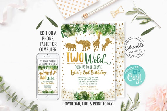 EDITABLE Two Wild Birthday Invitation, Gold Safari Birthday, Safari Animals, Jungle Animals, Boy Safari, Printable Instant Download A476 Il_570xn