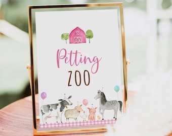Pink Farm Petting Zoo Birthday Sign Girl Farm Party Decor Barnyard Birthday Farm Animal Balloons Pink Gold Printable Digital Download A629