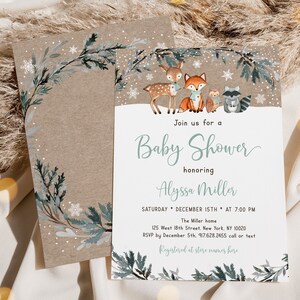Editable Winter Woodland Baby Shower Invitation Greenery Woodland Animals Winter Forest Animals Gender Neutral Printable Digital A578