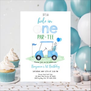 Hole In One födelsedagsinbjudningspaket Golf Första födelsedag Par-tee Golf Första födelsedagspojke Första födelsedag Golffestdekorationer Redigerbara A695 bild 3