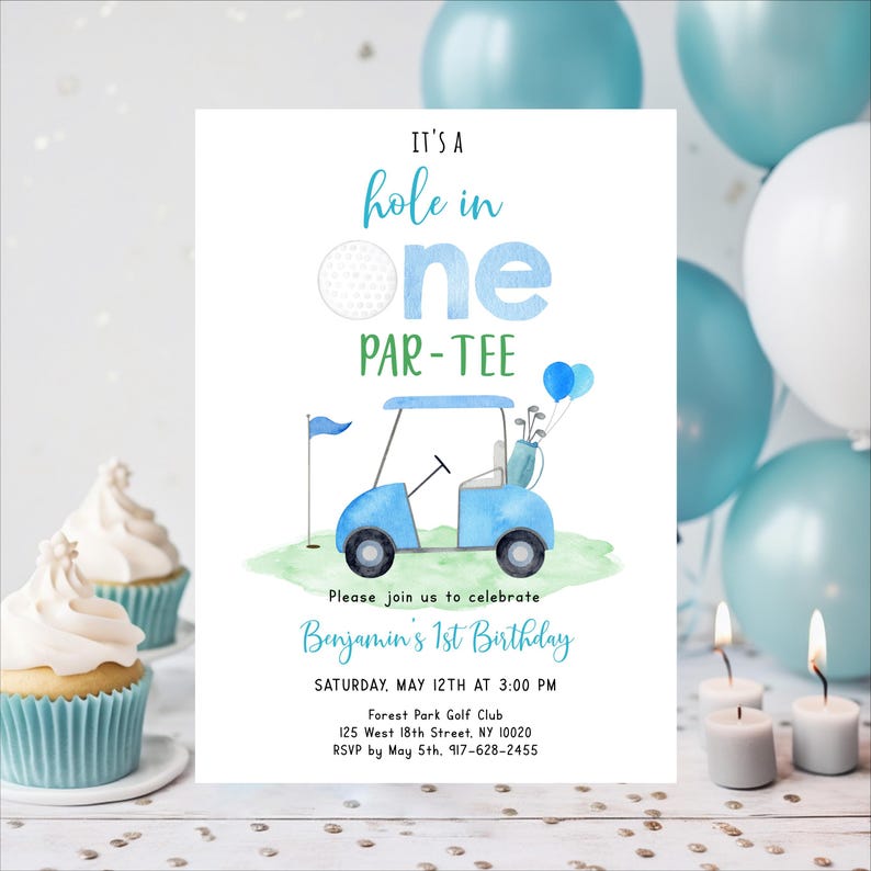 Hole In One födelsedagsinbjudningspaket Golf Första födelsedag Par-tee Golf Första födelsedagspojke Första födelsedag Golffestdekorationer Redigerbara A695 bild 3