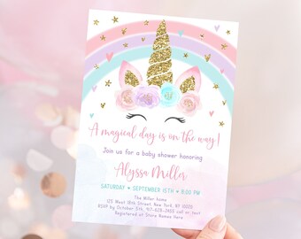 Editable Unicorn Rainbow Baby Shower Invitation Unicorn Baby Shower Invite Pink Gold Pastel Floral Printable Digital Instant Download A582