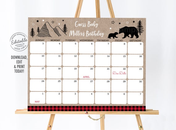 EDITABLE Lumberjack Baby Due Date Calendar, Lumberjack Baby Shower, Woodland Bear, Birthday Predictions, Printable Instant Download A519 Il_570xn