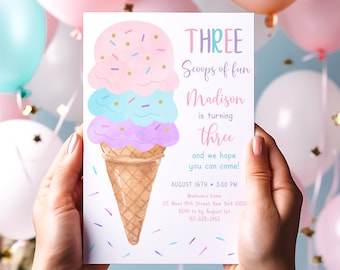 May include: A birthday party invitation featuring a watercolour illustration of a three-scoop ice cream cone. The text reads "THREE Scoops of fun Madison is turning three and we hope you can come!" AUGUST 16TH 3:00 PM Madison's home 125 West 18th Street, New York 10020 RSVP to by August 1st 917-628-2455