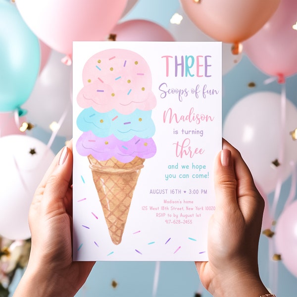 Editable Ice Cream Three Scoops of Fun Birthday Invitation Girls Ice Cream Party Invite Pink Gold Sprinkles Balloons Digital Download A611