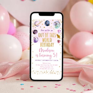 Editable Space Birthday E-Invitation Out Of This World Birthday Pink Gold Girl Galaxy Planets Outer Space Party Rocket Ship Printable A586