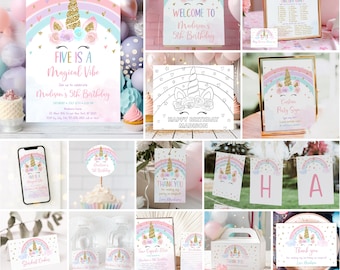 May include: A collection of party supplies with a unicorn theme. Includes invitations, welcome signs, coloring pages, banners, thank you cards, and more. The color scheme is pastel with rainbows, gold accents, and the text "FIVE IS A Magical Vibe".