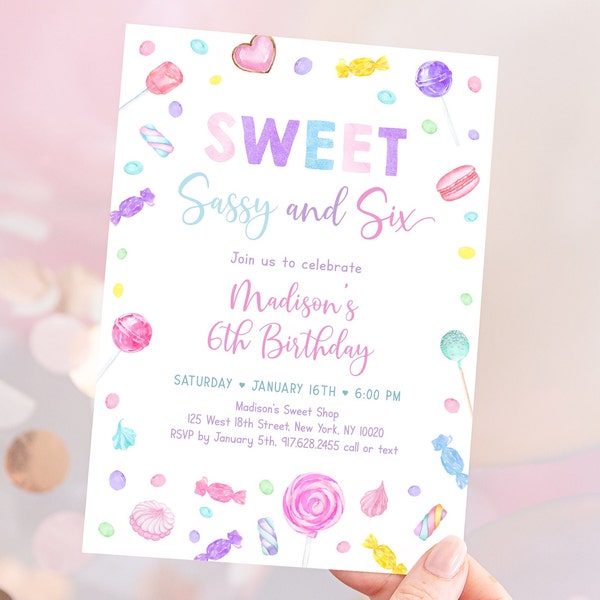 Editable Candy Birthday Invitation Sweet Sassy and Six Birthday Invite Sweet Shop Candy Shop Lollipop Candy Party Sweets Download A659