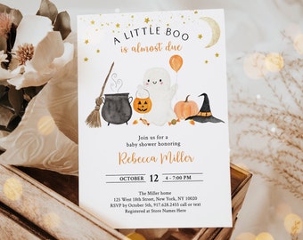 Editable Little Boo Ghost Baby Shower Invitation Little Boo Is Almost Due Ghost Pumpkin Moon Stars Halloween Baby Shower Download A702