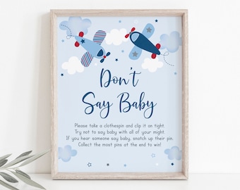 Airplane Don't Say Baby Game Airplane Baby Shower Boy Baby Shower Stars Clouds Blue Red Printable Digital Instant Download A566