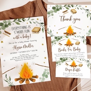 Conjunto de convites para chá de bebê S'mores editáveis, fogueira de outono, fogueira, chá de bebê, S'more divertido com uma fralda de bebê, sorteio de cartão de livro, suíte A520