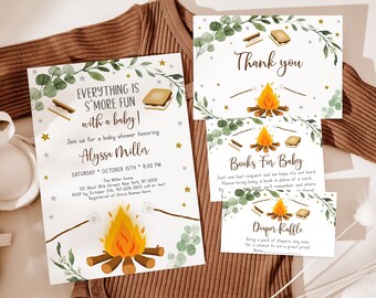 Editable S'mores Baby Shower Invitation Bundle Fall Campfire Bonfire Baby Shower S'more Fun With A Baby Diaper Raffle Book Card Suite A520