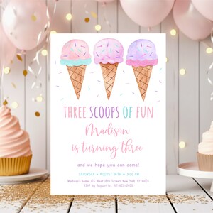 Editable Ice Cream Three Scoops of Fun Birthday Invitation Ice Cream Third Birthday Girl Ice Cream Party Pink Purple Digital Download A673