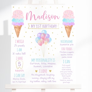 Editable Ice Cream Birthday Milestone Sign Ice Cream First Birthday Pink Gold Rainbow Balloon Girl Ice Cream Party Digital Download A611