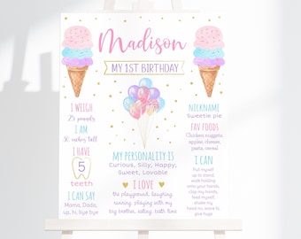 May include: A pink and blue ice cream cone birthday poster with gold glitter accents. The poster says "Madison My 1st Birthday". It includes details about the child's weight, height, teeth, favorite foods, personality, and things they can do.