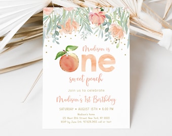 Editable Peach Birthday Invitation One Sweet Peach First Birthday Invite Peach Gold Floral Girl 1st Birthday Printable Digital A608
