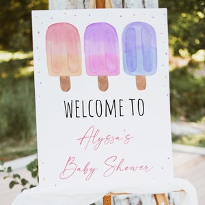 Editable Popsicle Baby Shower Welcome Sign Ready To Pop Pink Purple Girl Popsicle Baby Shower Watercolor Popsicle Digital Download A699