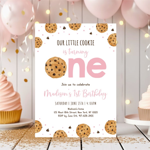 Editable Pink Little Cookie First Birthday Invitation, Cookie Turning One Birthday Invite, Girl 1st Birthday, Cookie Party, Download A737