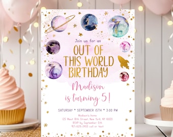 Editable Space Birthday Invitation Out Of This World Birthday Pink Gold Girl Galaxy Planets Outer Space Party Rocket Ship Printable A586