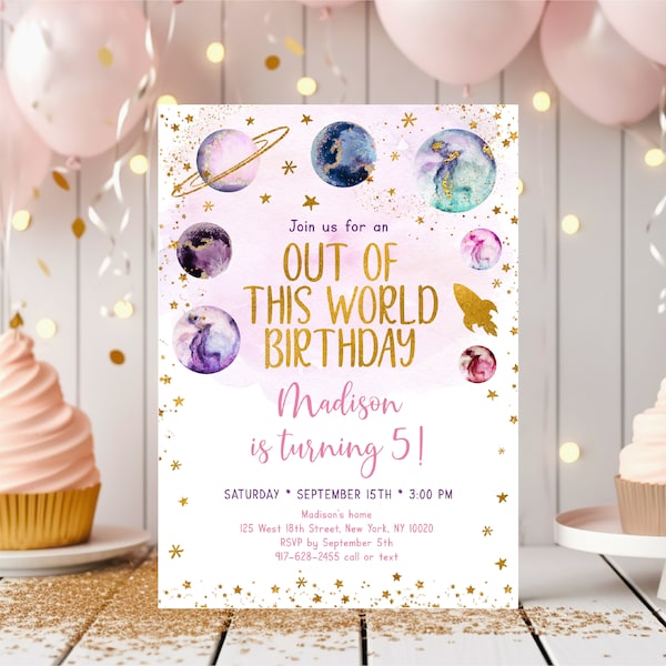 Editable Space Birthday Invitation Out Of This World Birthday Pink Gold Girl Galaxy Planets Outer Space Party Rocket Ship Printable A586