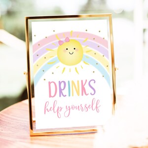 Sunshine Rainbow Birthday Drinks Sign Sun Rainbow Party Pastel Rainbow Pink Gold Little Sunshine Party Digital Download A599