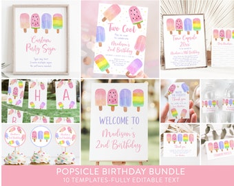 Editable Two Cool Popsicle Birthday Invitation Bundle Popsicle Birthday Invite Pink Girl Popsicle Party Ice Cream Party Digital A674